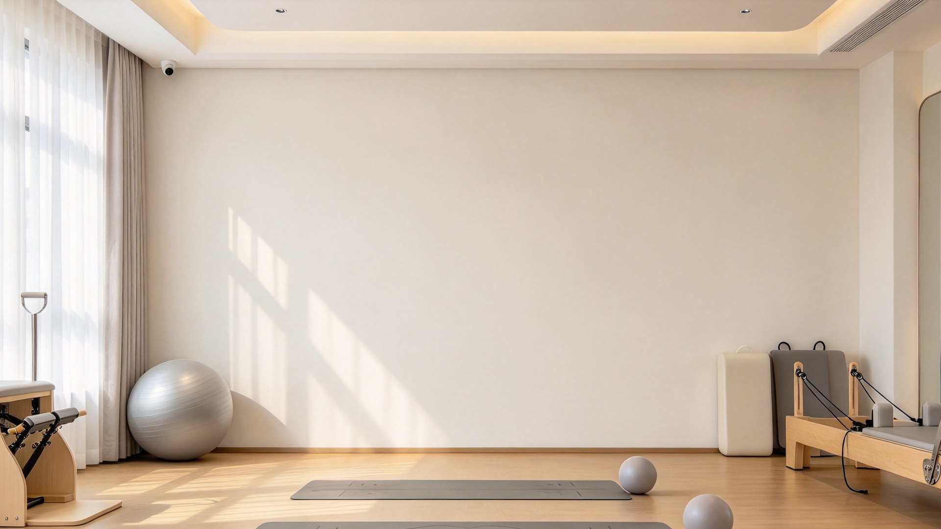 The studio in the morning: pale timber floor, tall windows, mats laid out and a reformer along the wall.